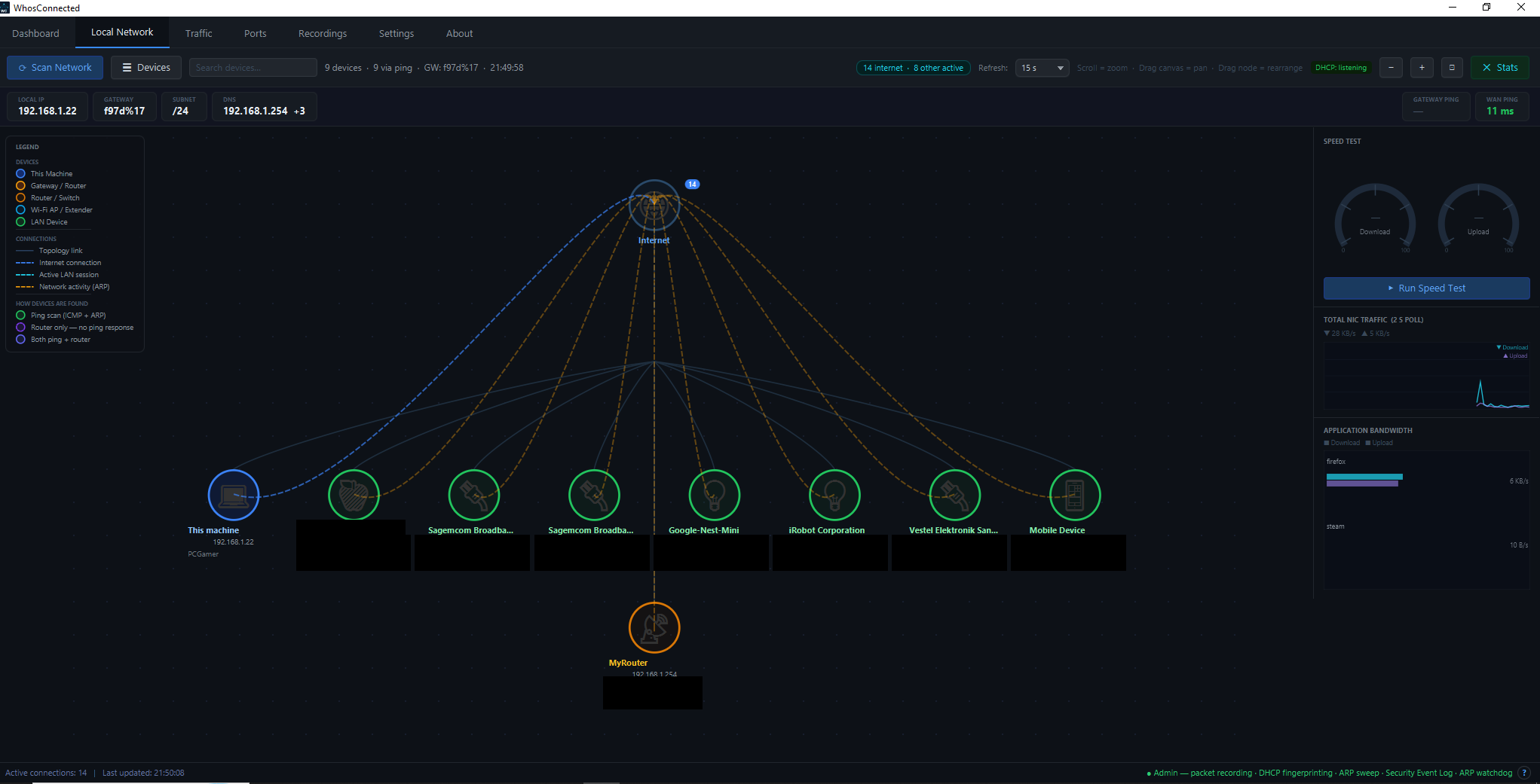 WhosConnected Local Network tab showing a hub-and-spoke topology diagram of every device on the LAN